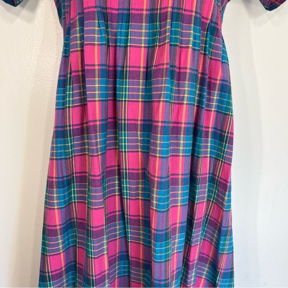 Vintage 90s Pleated Plaid Midi Dress Short Sleeves High Low Pink Blue - Picture 5 of 12